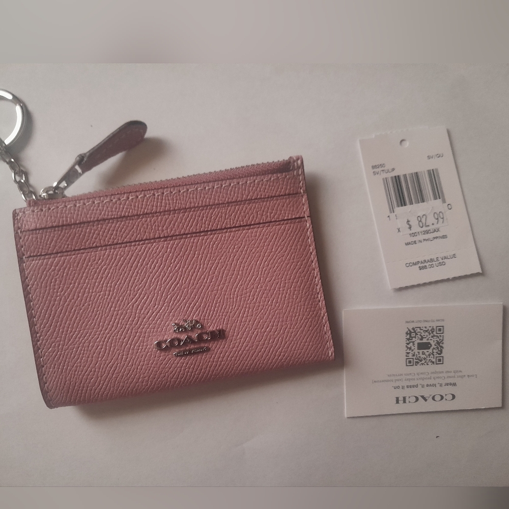 New Coach Leather ID Card Holder With Keyring In Tulip Pink New With Tags 🌸 - Picture 2 of 7